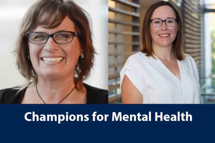 Headshots of Jenn Carpenter and Laura van Staalduinen above a blue bar with white text. The text reads "Champions for Mental Health".