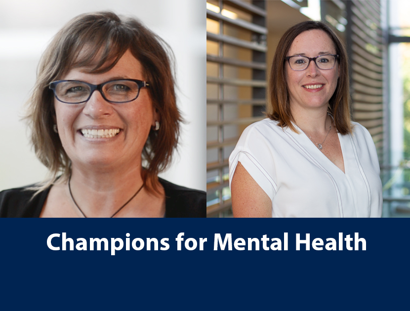 Headshots of Jenn Carpenter and Laura van Staalduinen above a blue bar with white text. The text reads "Champions for Mental Health".
