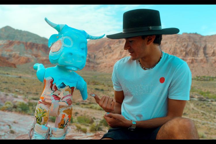 Evan Sharma in Arizona with his MMO sculpture, which he utilizes to stimulate conversation around human health and climate change.